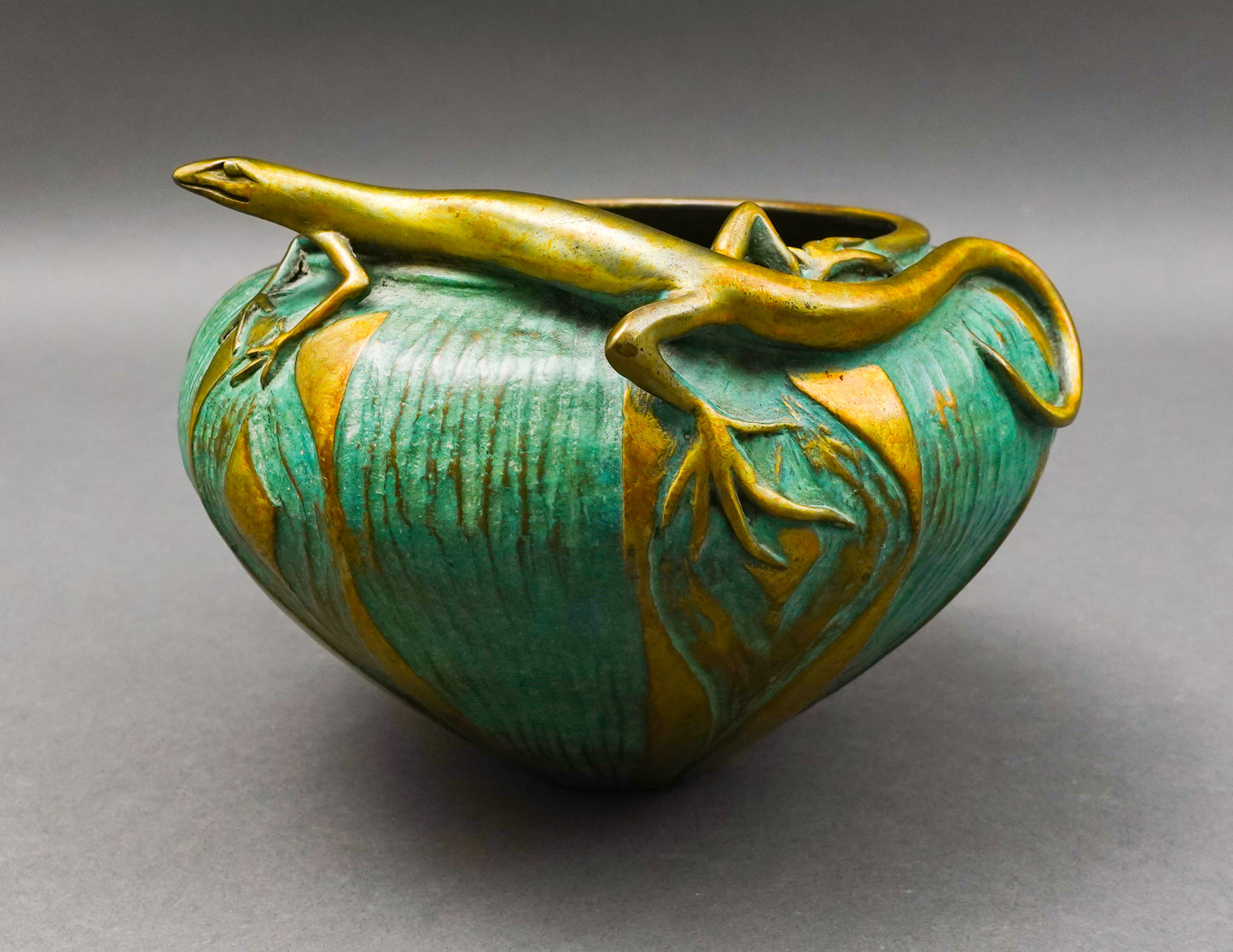 Pozycinski Studios Signed Verdigris Cast Bronze Lizard 2001 Bowl Vase LE 181/500