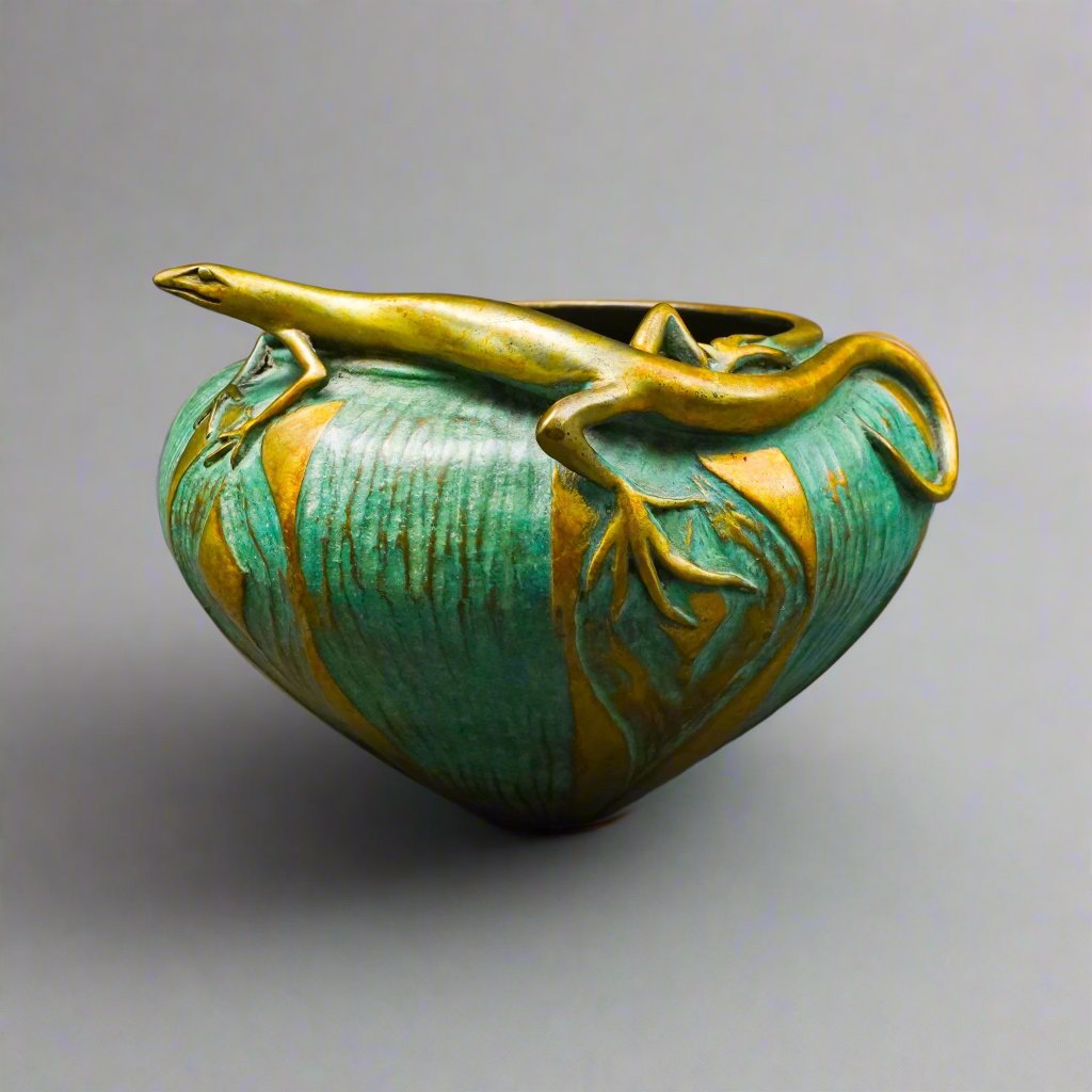 Pozycinski Studios Signed Verdigris Cast Bronze Lizard 2001 Bowl Vase LE 181/500