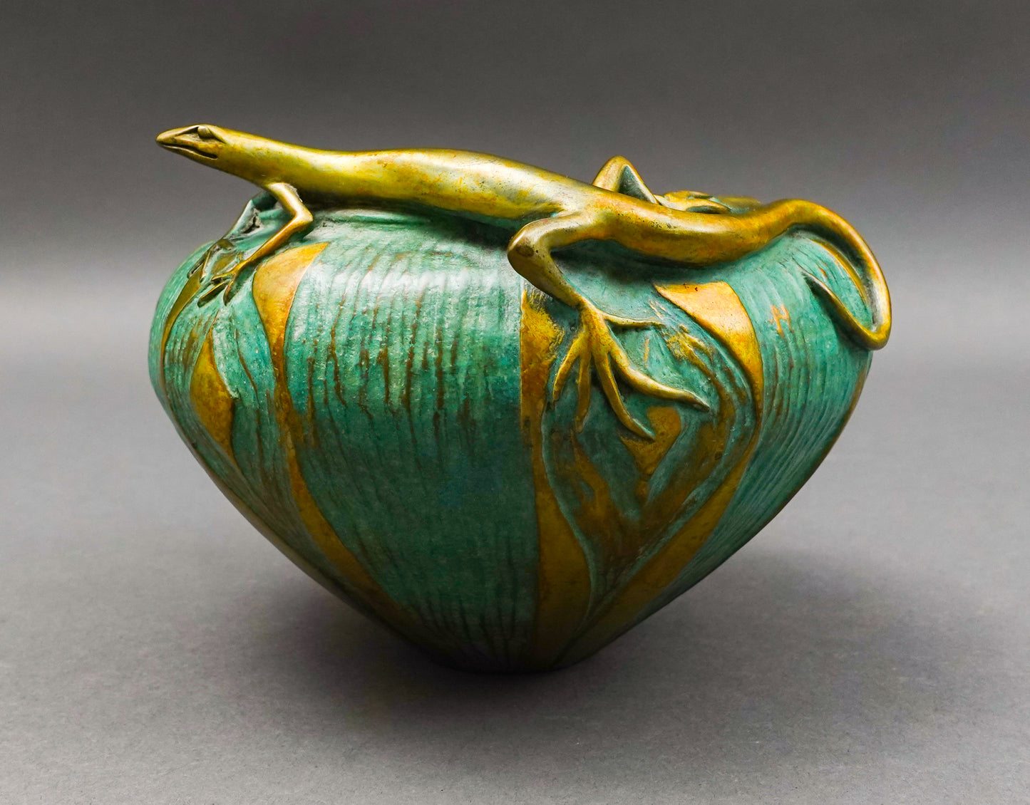 Pozycinski Studios Signed Verdigris Cast Bronze Lizard 2001 Bowl Vase LE 181/500