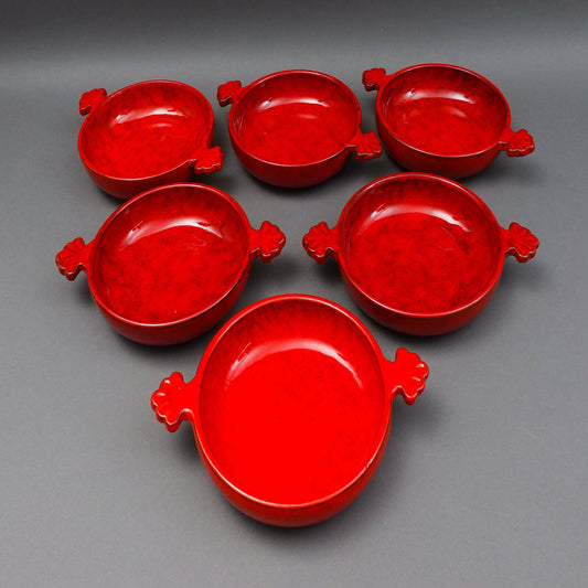 Peasant Village PV Italy Signed Red Cabbage Pottery Handled Lug Bowls Set Of 6