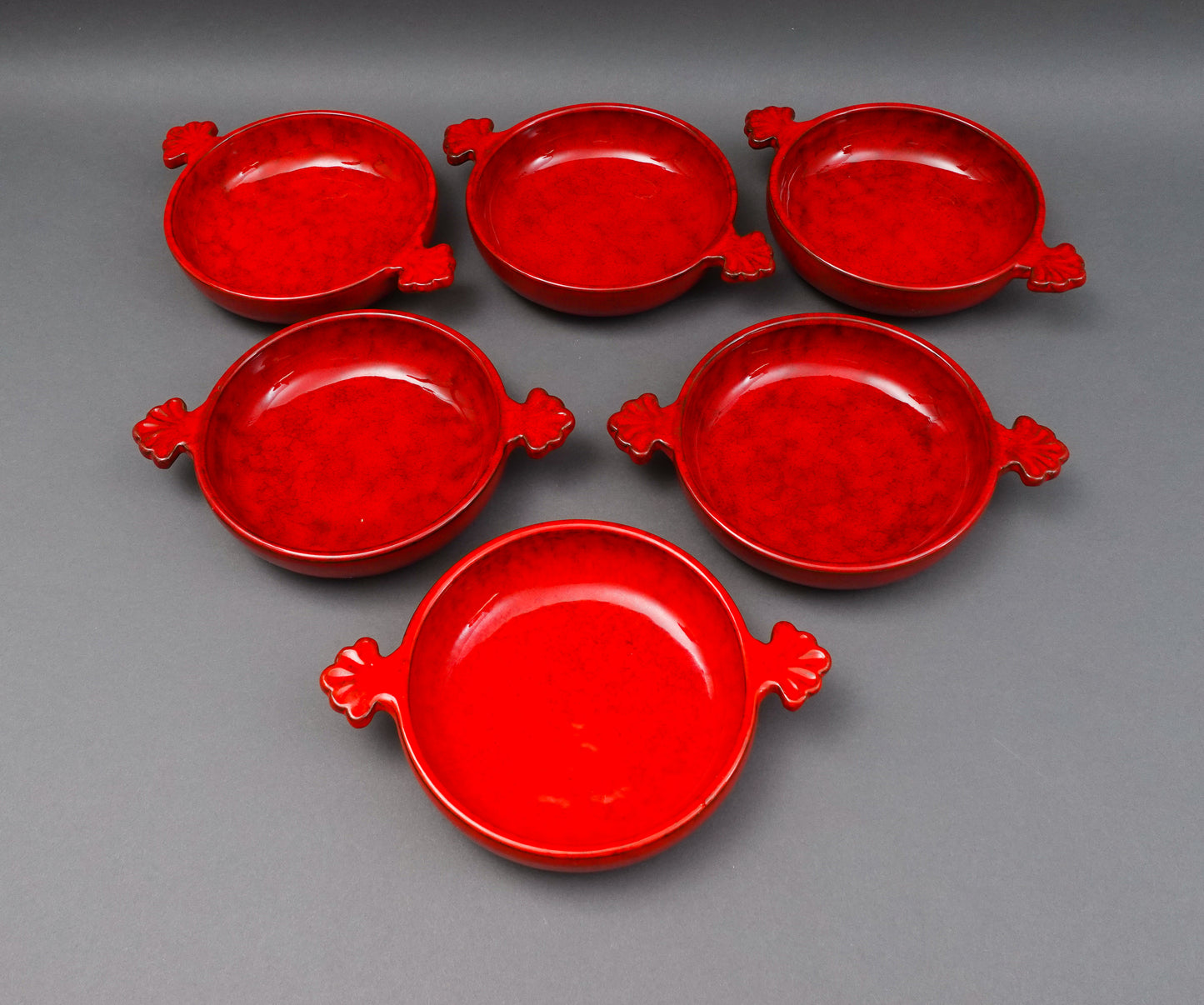 Peasant Village PV Italy Signed Red Cabbage Pottery Handled Lug Bowls Set Of 6