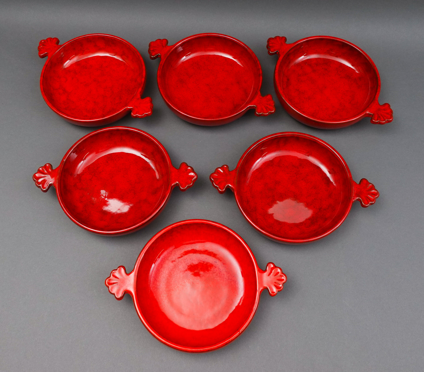 Peasant Village PV Italy Signed Red Cabbage Pottery Handled Lug Bowls Set Of 6