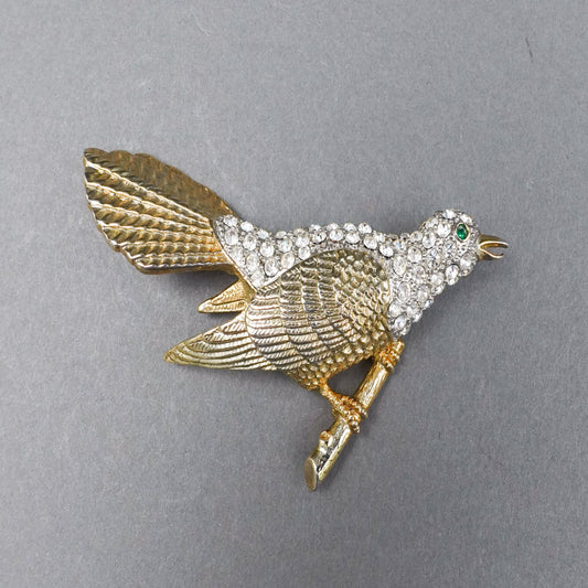 Unsigned Large Gold Tone Pave Rhinestone Bird On Perch Pin Brooch 3 7/8"