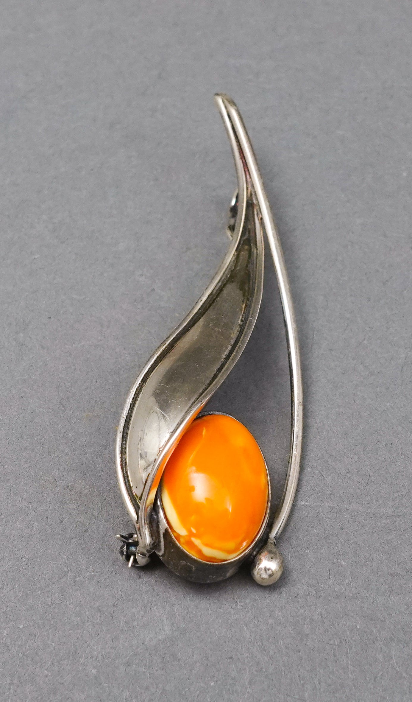 Vintage Signed 925 Sterling Silver Amber Modernist Pin Brooch Pendant