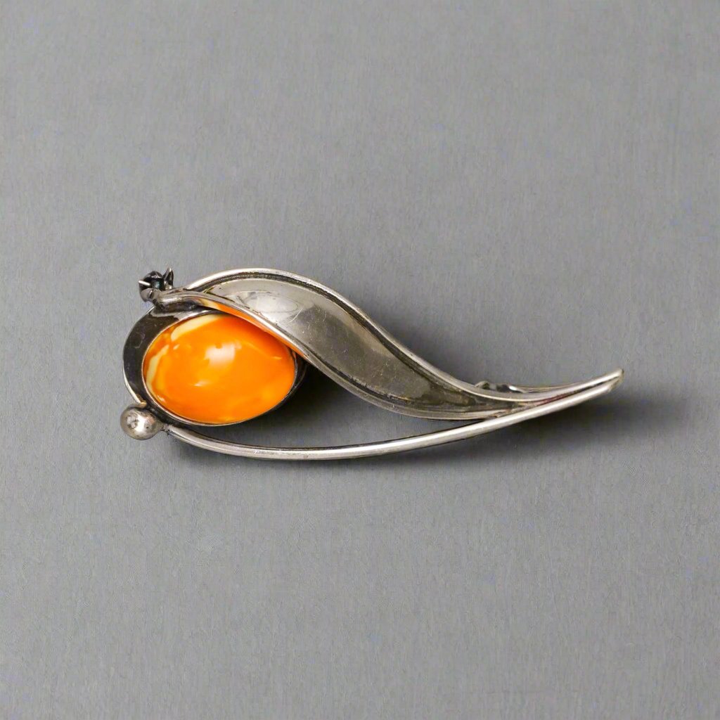 Vintage Signed 925 Sterling Silver Amber Modernist Pin Brooch Pendant