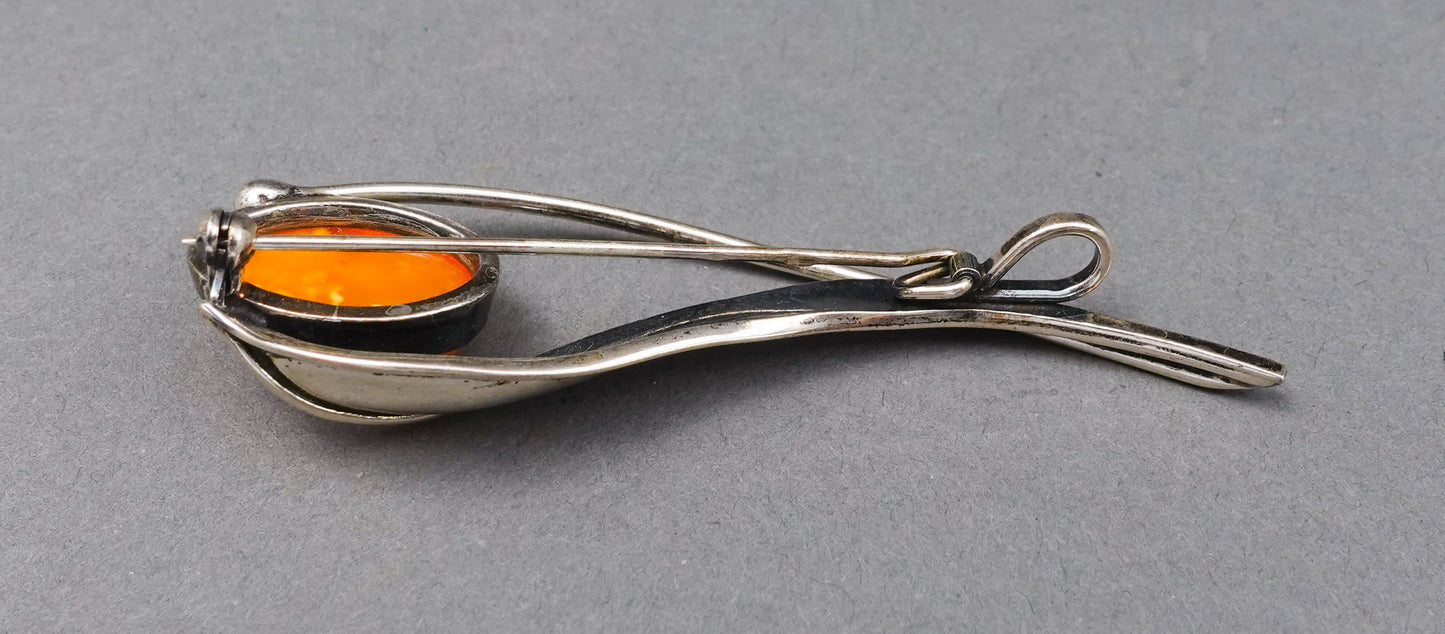 Vintage Signed 925 Sterling Silver Amber Modernist Pin Brooch Pendant