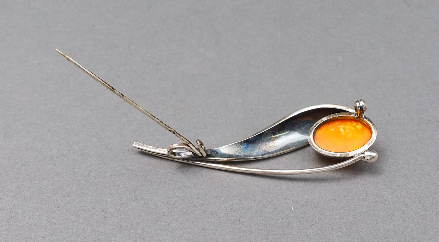 Vintage Signed 925 Sterling Silver Amber Modernist Pin Brooch Pendant