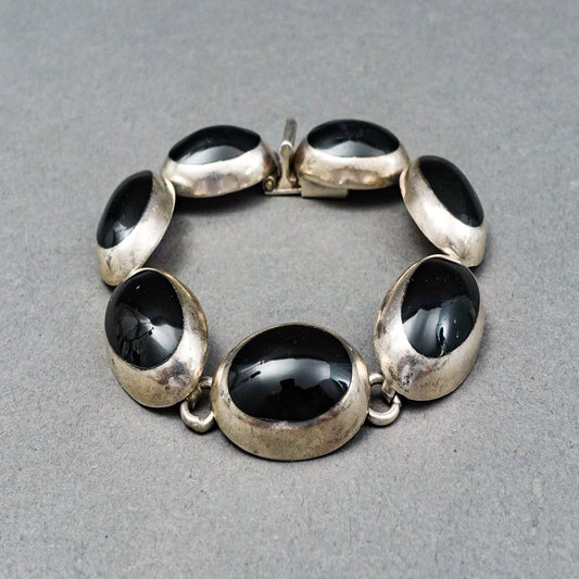 Vintage Taxco Mexico 925 Sterling Silver Black Onyx Oval Cabochon Bracelet