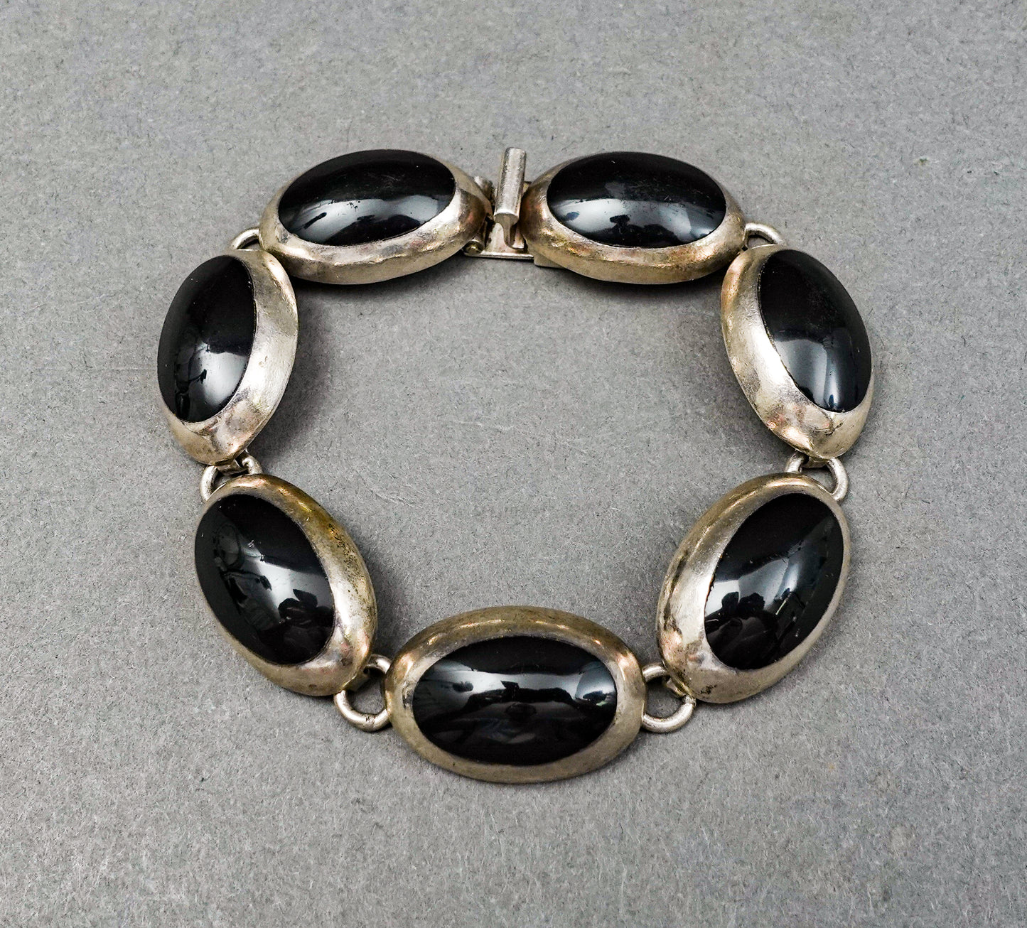 Vintage Taxco Mexico 925 Sterling Silver Black Onyx Oval Cabochon Bracelet