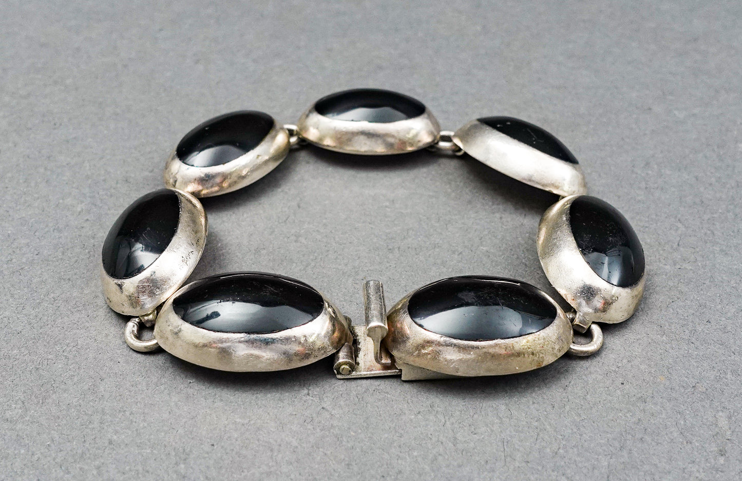 Vintage Taxco Mexico 925 Sterling Silver Black Onyx Oval Cabochon Bracelet