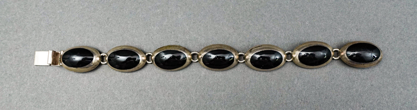 Vintage Taxco Mexico 925 Sterling Silver Black Onyx Oval Cabochon Bracelet