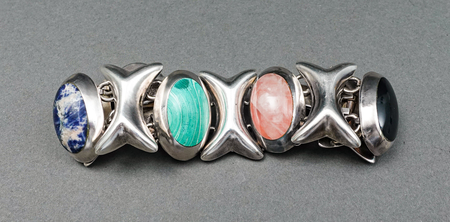 Vintage Taxco Mexico 925 Sterling Silver Multi Stone Cabochon XO Link Bracelet