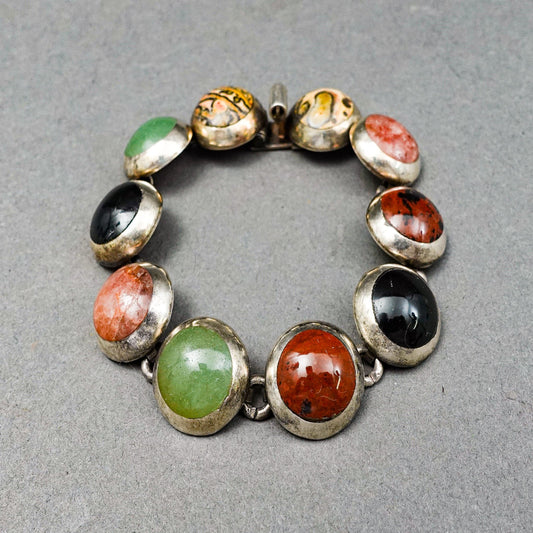 Vintage Taxco Mexico 925 Sterling Silver TM-33 Multi Stone Cabochon Bracelet