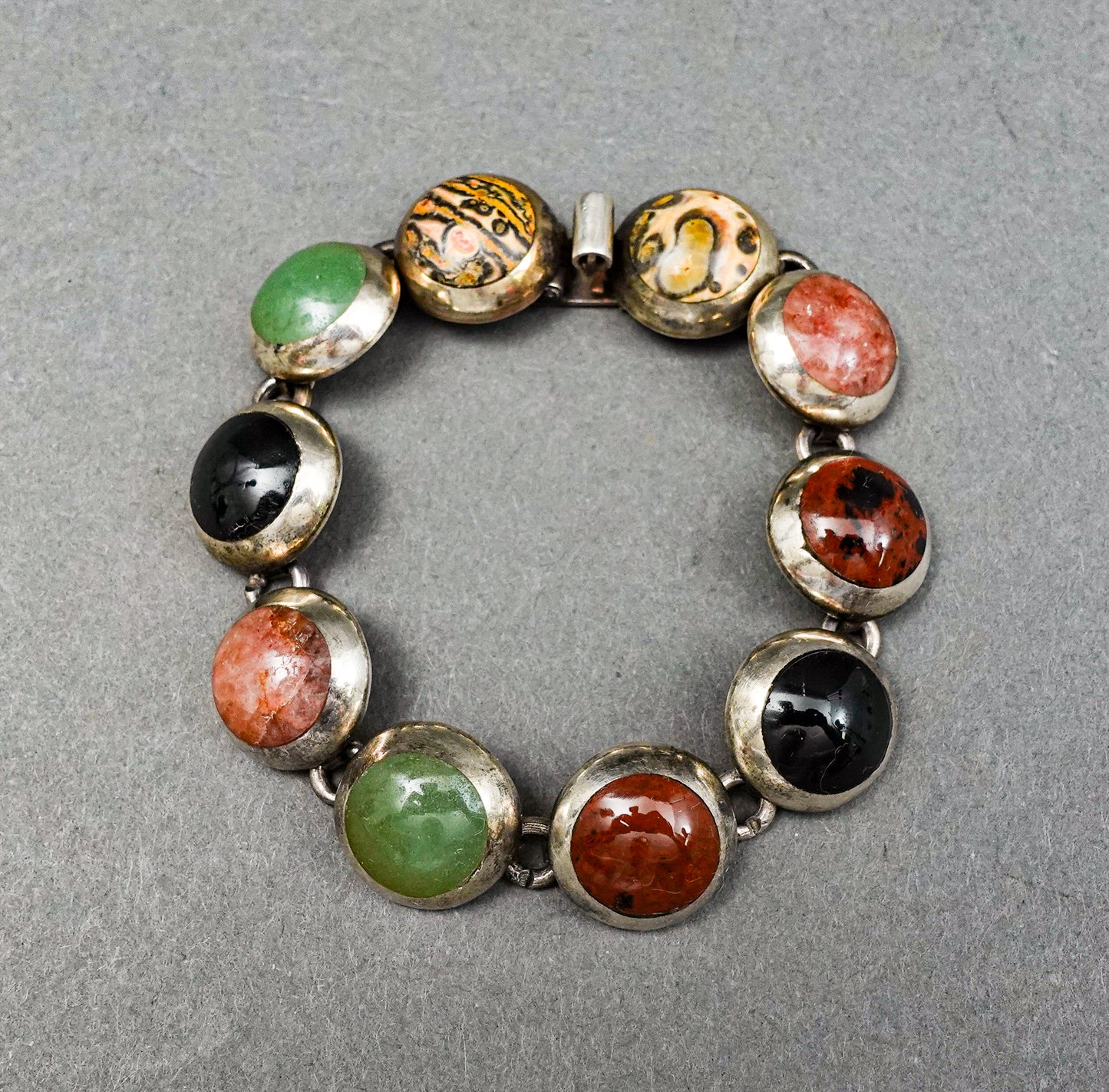 Vintage Taxco Mexico 925 Sterling Silver TM-33 Multi Stone Cabochon Bracelet