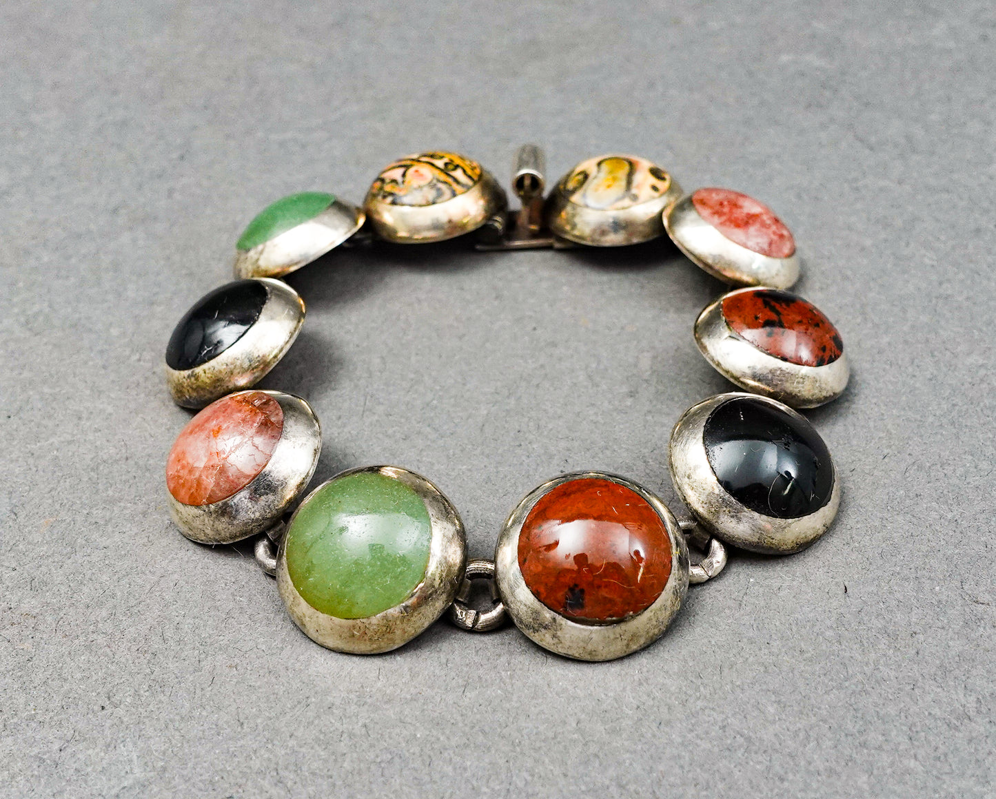 Vintage Taxco Mexico 925 Sterling Silver TM-33 Multi Stone Cabochon Bracelet