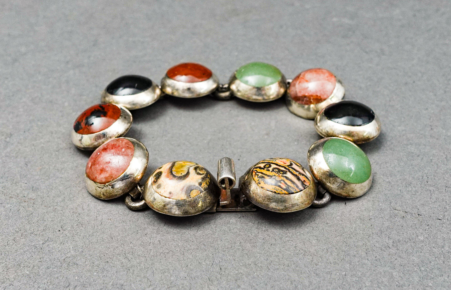 Vintage Taxco Mexico 925 Sterling Silver TM-33 Multi Stone Cabochon Bracelet