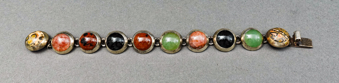 Vintage Taxco Mexico 925 Sterling Silver TM-33 Multi Stone Cabochon Bracelet