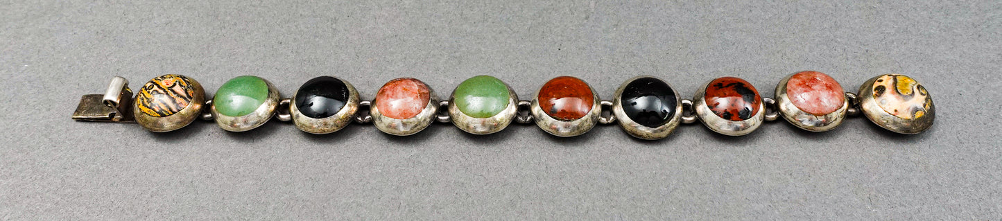 Vintage Taxco Mexico 925 Sterling Silver TM-33 Multi Stone Cabochon Bracelet