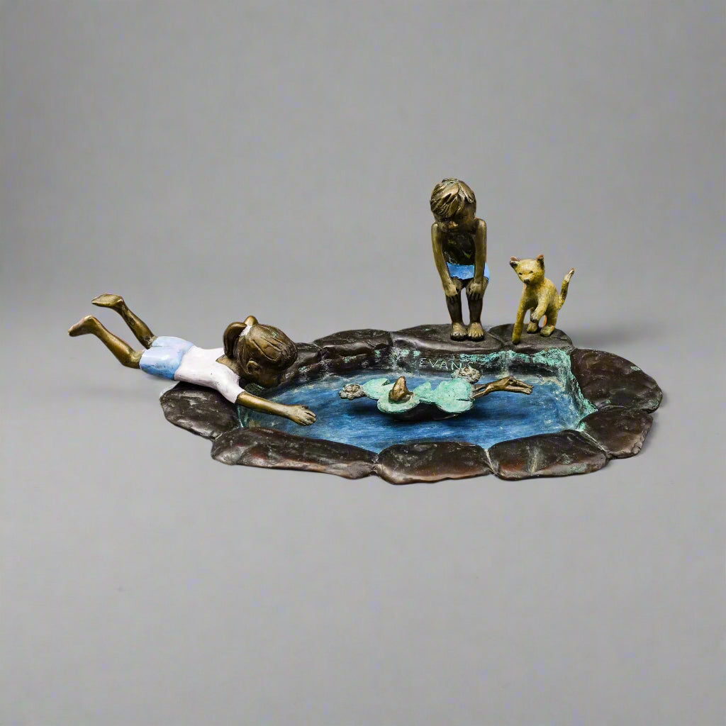 Evans Signed Children Playing In Lily Pond With Frogs Bronze Sculpture 11 3/4"