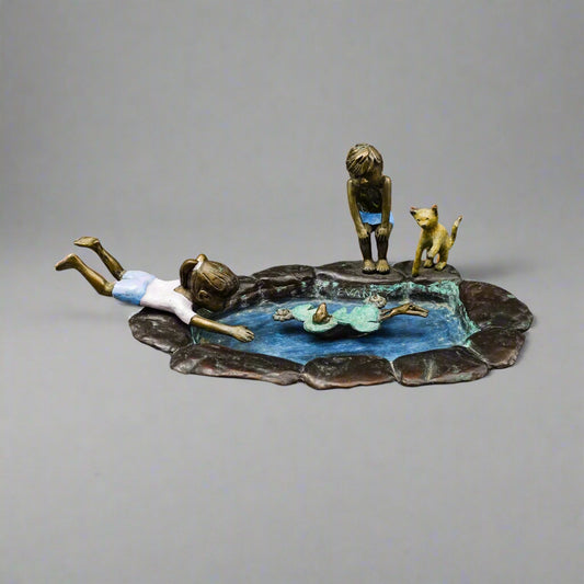 Evans Signed Children Playing In Lily Pond With Frogs Bronze Sculpture 11 3/4"