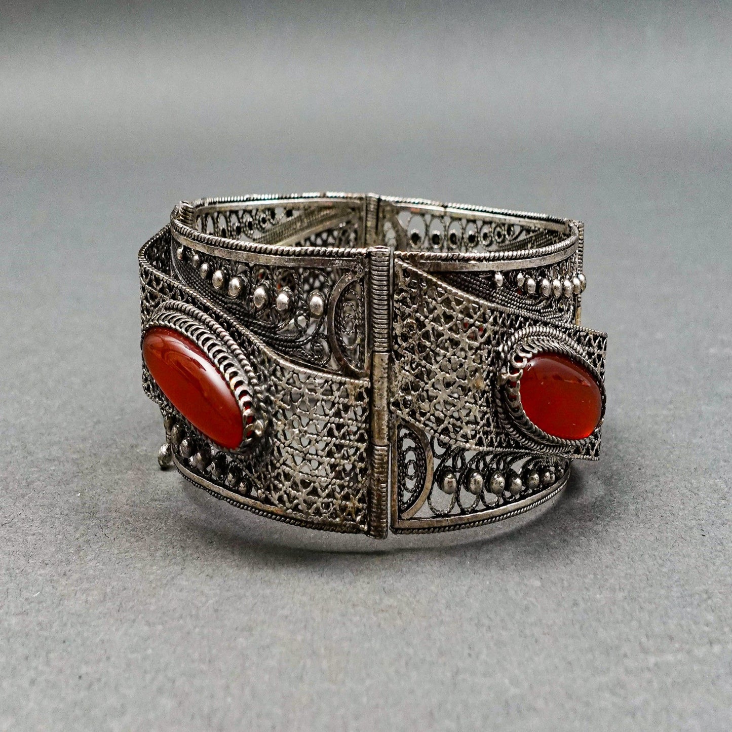 Antique Sterling Silver Filigree Red Gemstone Cabochon Hinged Bracelet