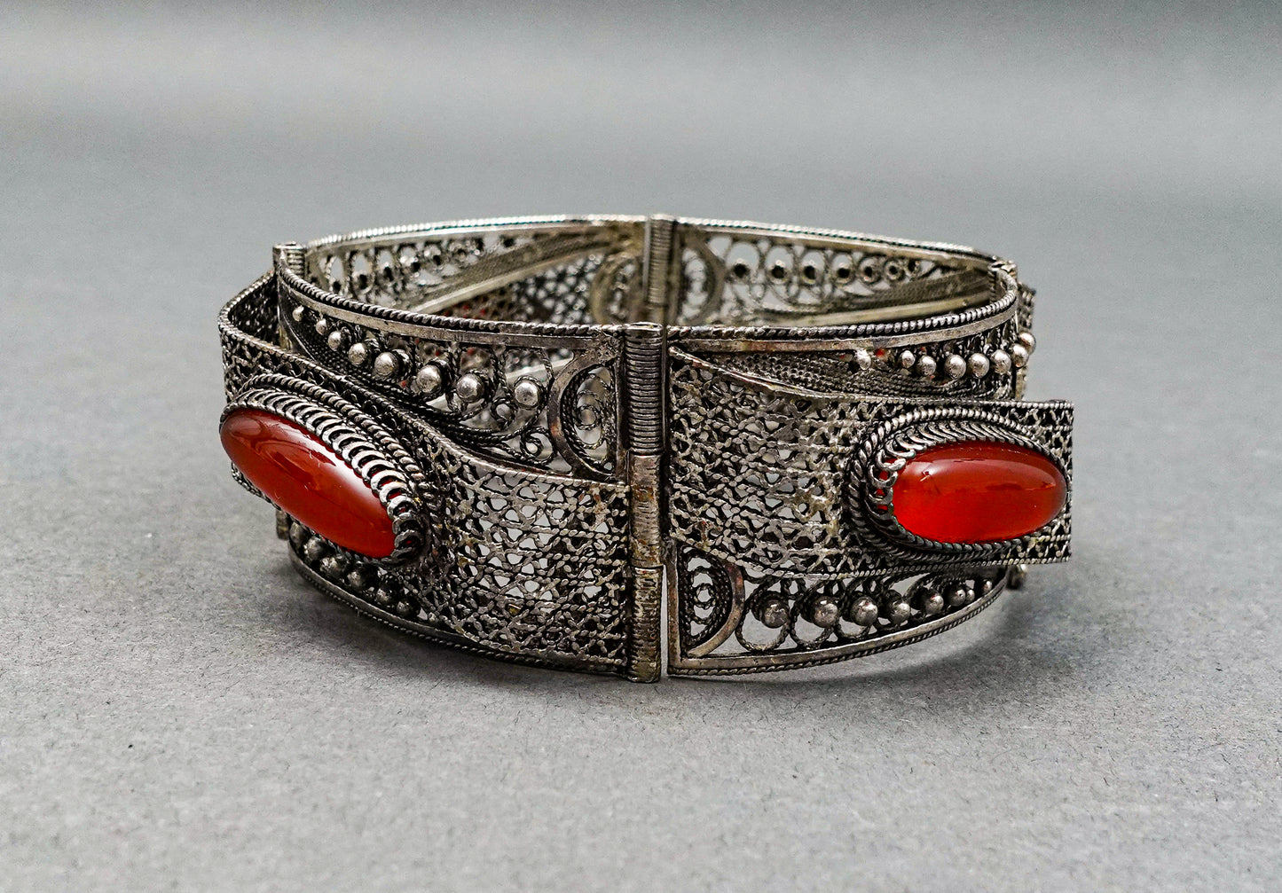 Antique Sterling Silver Filigree Red Gemstone Cabochon Hinged Bracelet