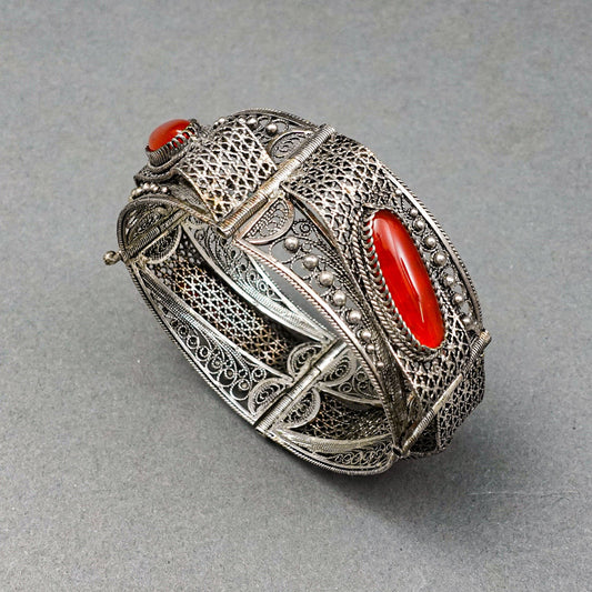 Antique Sterling Silver Filigree Red Gemstone Cabochon Hinged Bracelet