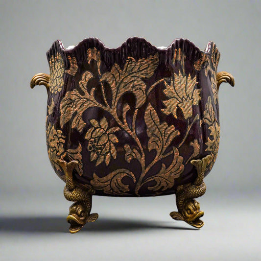 Castilian Hand Painted Floral Porcelain Bronze Shell Footed Koi Centerpiece Bowl
