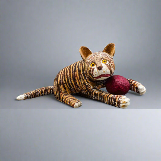 Saturnino Portuound (Pucho) Odio Cat With Ball Wood Sculpture