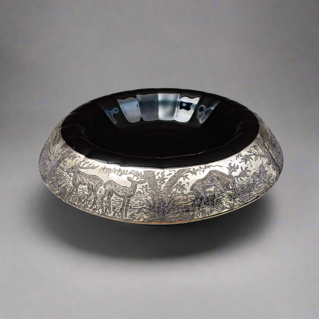 Paden City Ebony Black Forest Silver Overlay & Glass Rolled Console Bowl