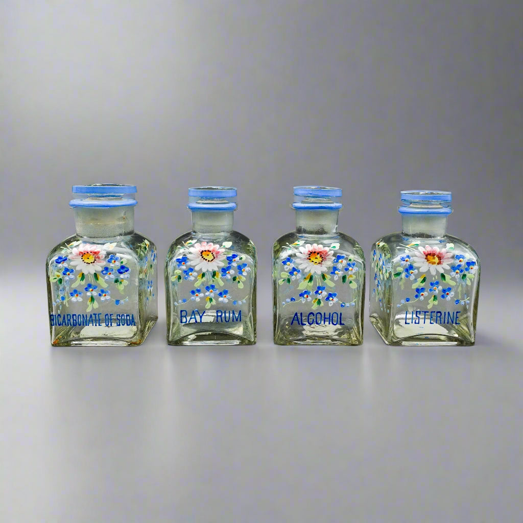 Apothecary Drug Store Antique Hand Painted Flowers Glass Vanity Bottles Set Of 4