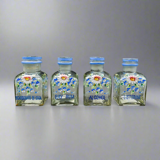 Apothecary Drug Store Antique Hand Painted Flowers Glass Vanity Bottles Set Of 4