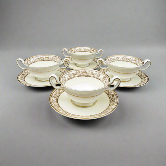Wedgwood England Runnymede Cream Bone China Cream Soup Bowls & Saucers Set Of 4