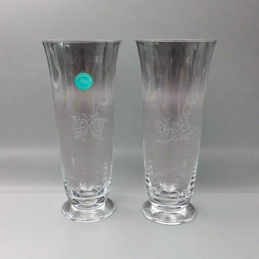 Tiffany & Co Signed Turtle Hare Rabbit Fluted Champagne Crystal Glass Set Of 2
