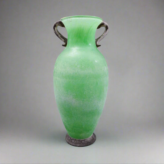 Murano Italian Vintage Mid Century Green Scavo Art Glass Amphora Vase 13 3/4"