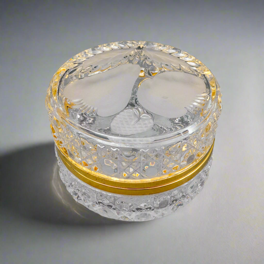 Vintage Cut Crystal Glass Round Dresser Trinket Jewelry Hinged Box Casket Fruits