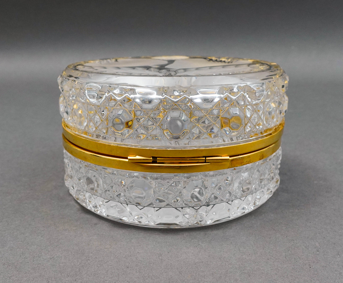 Vintage Cut Crystal Glass Round Dresser Trinket Jewelry Hinged Box Casket Fruits
