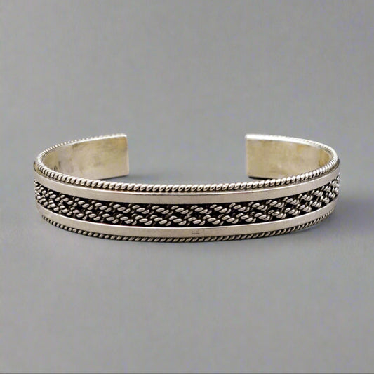 Nora Tahe Signed Vintage Navajo Sterling Silver Braided Rope Cuff Bracelet