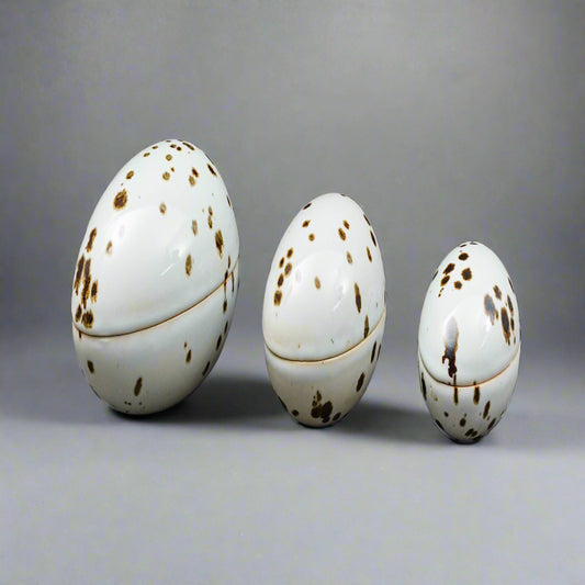 Dansk Denmark Egg Shaped Speckled Stoneware Lidded Trinket Box Dish Set Of 3