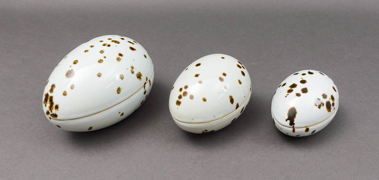 Dansk Denmark Egg Shaped Speckled Stoneware Lidded Trinket Box Dish Set Of 3