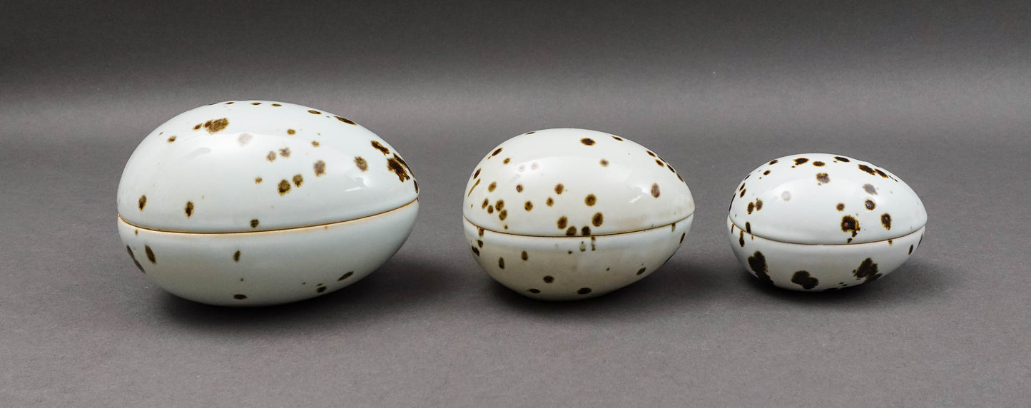 Dansk Denmark Egg Shaped Speckled Stoneware Lidded Trinket Box Dish Set Of 3