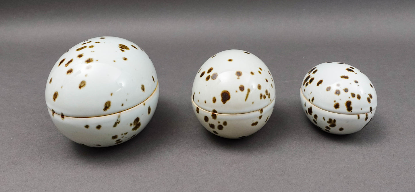 Dansk Denmark Egg Shaped Speckled Stoneware Lidded Trinket Box Dish Set Of 3