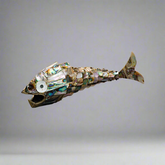 Mexican Vintage Mother Of Pearl Abalone Articulated Fish Bottle Opener 9 7/8"