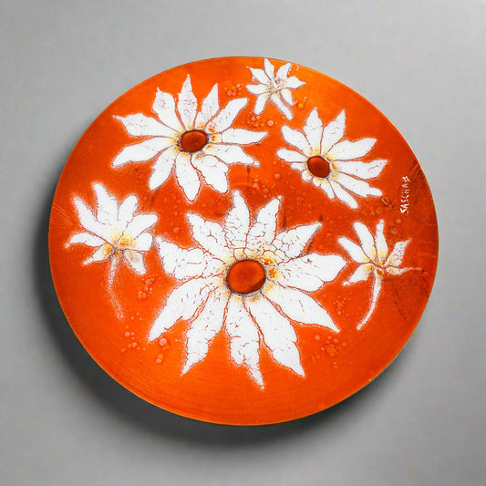 Sasha Brastoff California MCM Floral Daisies Enamel On Copper Hanging Plate 13"