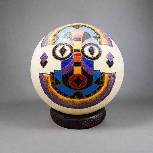 Misha Zimbabwe Zambia Hand Painted Barotse Water Spirit Mask Ostrich Egg & Stand