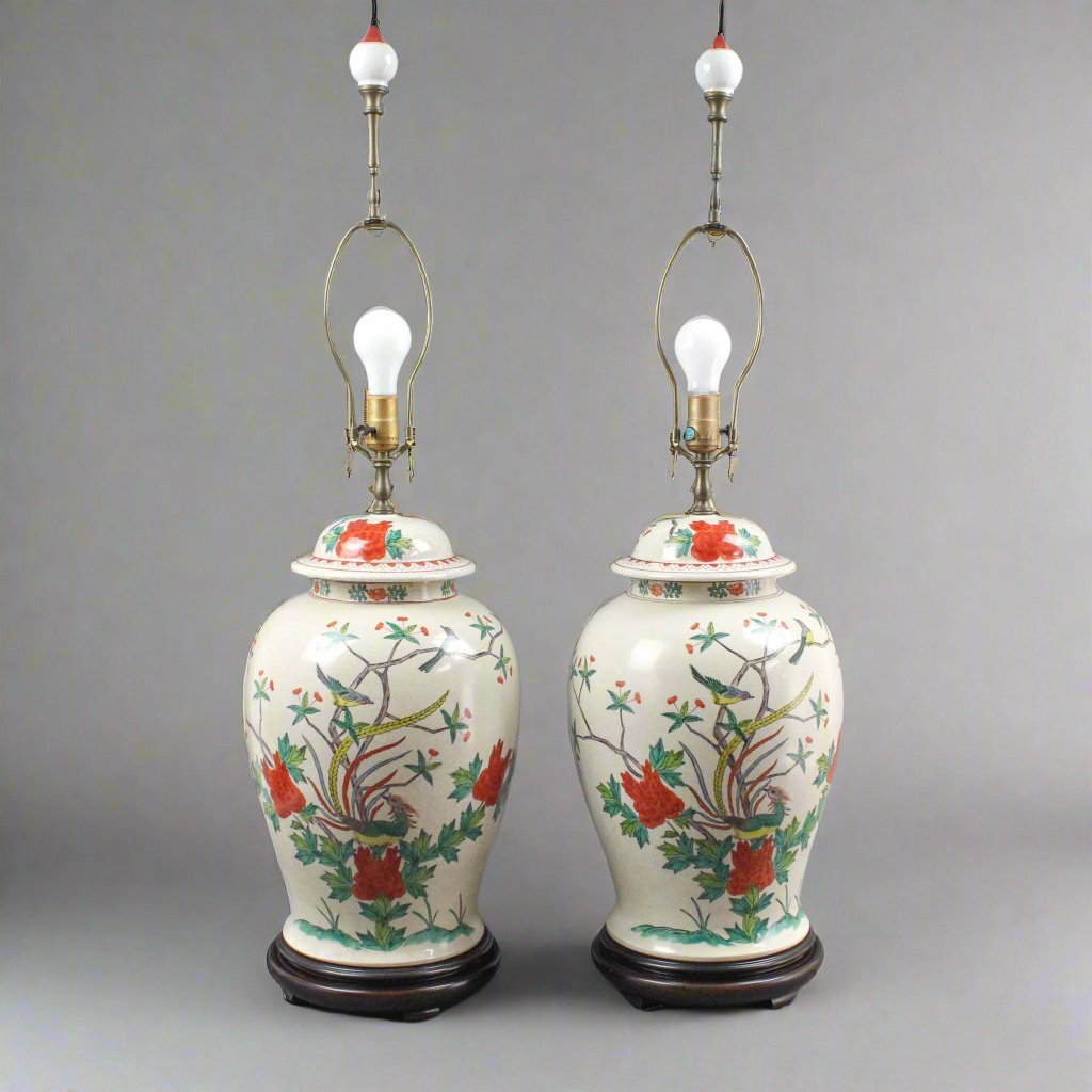 Wildwood Vintage Pair Large Crackle Porcelain Asian Ginger Jar Table Lamps