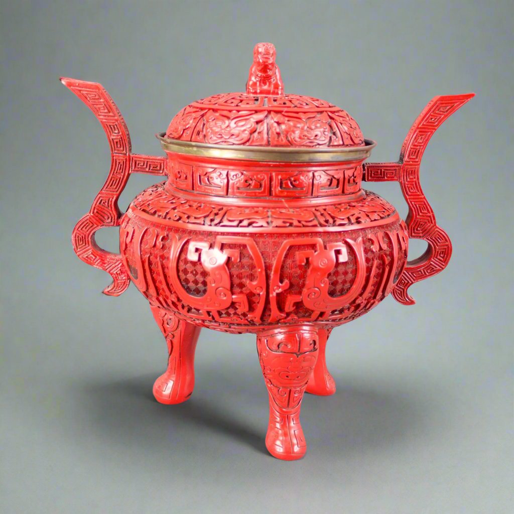 Chinese Republic Large Cinnabar Lacquered Tripod Incense Burner Foo Dog