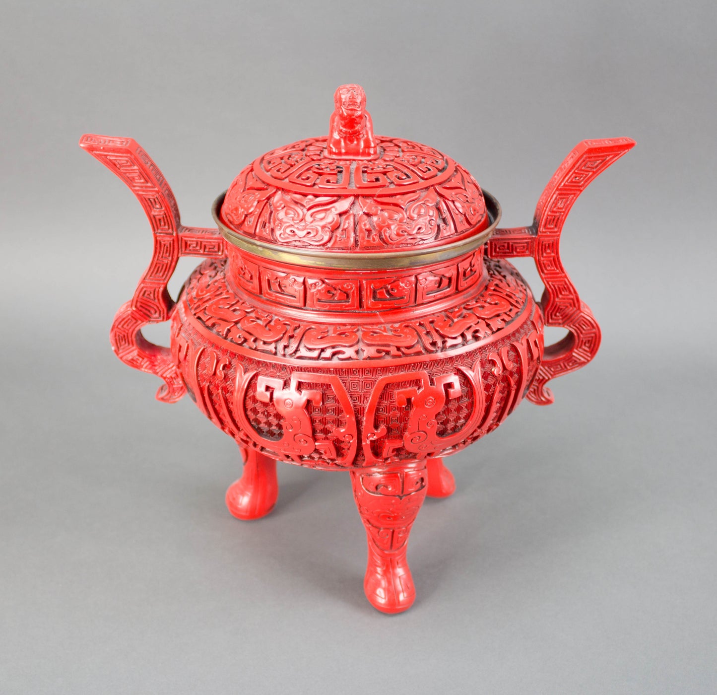 Chinese Republic Large Cinnabar Lacquered Tripod Incense Burner Foo Dog