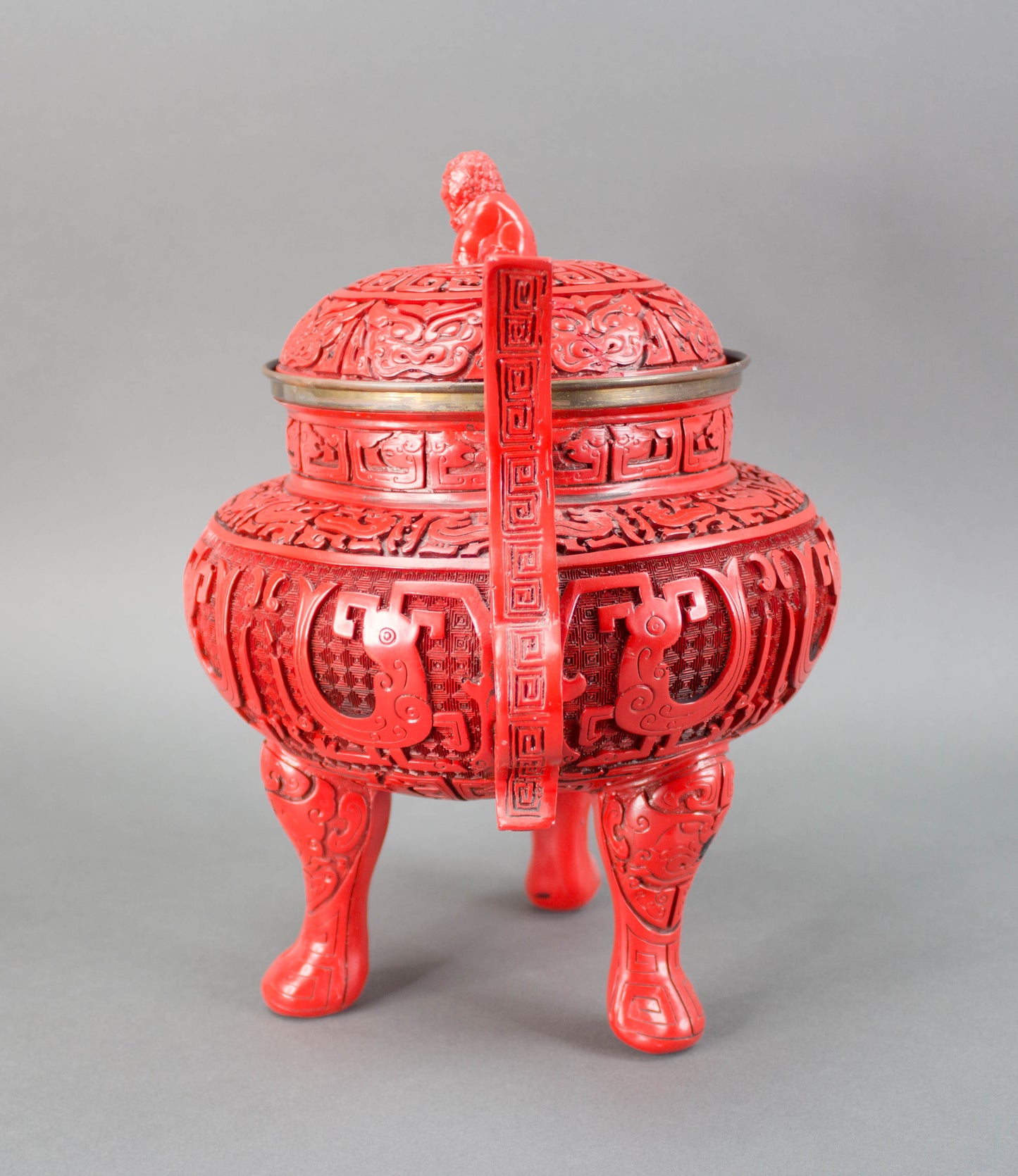 Chinese Republic Large Cinnabar Lacquered Tripod Incense Burner Foo Dog