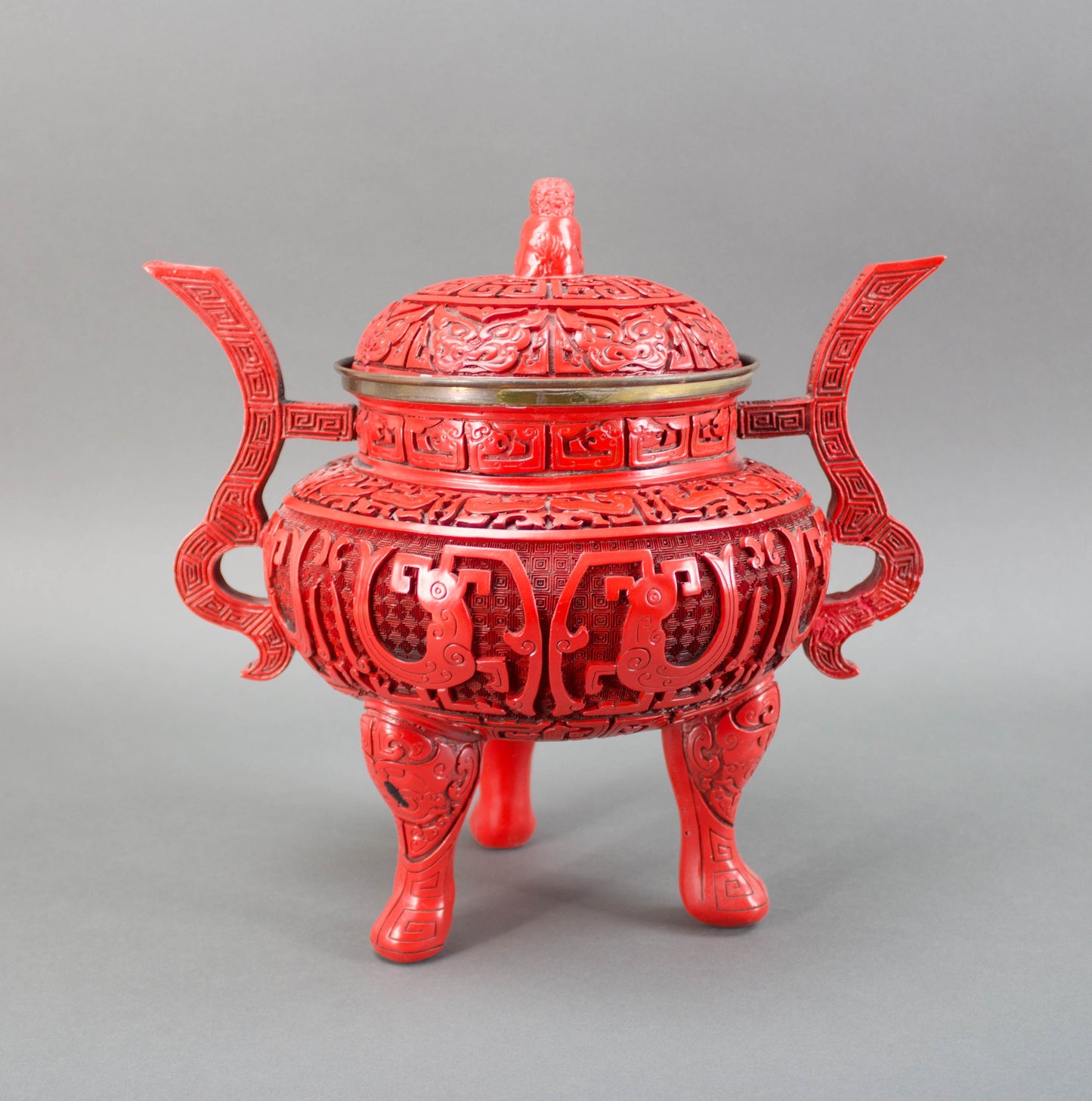 Chinese Republic Large Cinnabar Lacquered Tripod Incense Burner Foo Dog